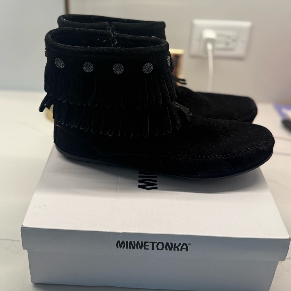 Minnetonka Black Fringe Moccasins with Silver Accents Discontinued